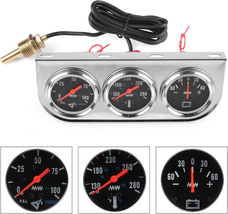 Dyno Racing 2" 52mm Car Triple Gauge Kit Set Chrome Panel Mechanical 3 in 1 Oil Pressure Gauge Fahrenheit Water Temperature Temp Gauge AMP Ammeter Gauges Meter Black Face - Image 4